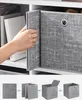 A hand is shown placing a fabric storage box into a shelf. Below this, a sequence of images shows how to assemble the storage box. Produktbild-Vorschau