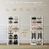 A comparison image showing how to adjust a shoe rack by removing shelves, with examples of shoes and other items that can be stored. Two shoe racks are shown, one with more shelves and one with fewer. Anteprima dell’immagine prodotto