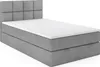 A studio shot of a gray boxspring bed with a white mattress and a tufted headboard. Produktbild-Vorschau