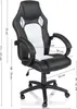 A black and white racing style office chair with dimensions indicated by measurement lines and text. Voir les images du produit