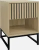 A modern nightstand with a slatted drawer front and open shelf, set on black metal legs. Produktbild-Vorschau