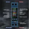 A digital energy meter with labels pointing out its various functions and display readings. Produktbild-Vorschau
