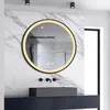 A modern bathroom vanity with a round LED mirror above a dark vanity and a gray sink. Produktbild-Vorschau