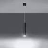 A black cylindrical pendant light hanging from a ceiling against a gray background. Produktbild-Vorschau
