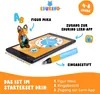 A starter set for the Edurino learning app, featuring a fox figurine, a tablet displaying educational content, and a stylus. The image is set against a white and orange background with text overlays. Produktbild-Vorschau