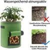 Grüner Stoff-Pflanzsack mit einer wachsenden Pflanze und einer seitlichen Klappe, die Erdnüsse freigibt, zusammen mit Vergleichsbildern von Wurzelsystemen Produktbild-Vorschau