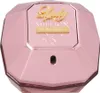 A pink, faceted perfume bottle with gold accents. Podgląd zdjęcia produktu