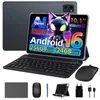 A collage of a tablet, keyboard, mouse, and accessories, with marketing text and graphics on the tablet screen. Produktbild-Vorschau