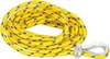 A coiled yellow rope with blue flecks and a metal loop at one end, on a white background. Produktbild-Vorschau
