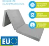 A folded mattress is shown with marketing text and icons highlighting its features. Produktbild-Vorschau
