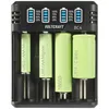 A battery charger with four different types of batteries inserted. Produktbild-Vorschau