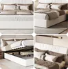 A collage of four images showcasing a white upholstered bed with storage. Produktbild-Vorschau