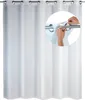 A white fabric shower curtain hanging on a rod, with a close-up inset showing hands attaching it. Produktbild-Vorschau