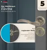 A marketing image showcasing a bronze door handle set with text highlighting its features and warranty. Produktbild-Vorschau