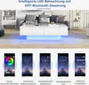 A modern living room scene featuring a white coffee table with integrated LED lighting, shown with various app interface screenshots demonstrating control features. Produktbild-Vorschau