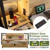 A bedside table with charging accessories and a bed with built-in lighting and charging ports. Produktbild-Vorschau