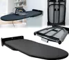 Collage of images showing a wall-mounted ironing board in different states: extended with an iron, folded, and partially folded. Produktbild-Vorschau