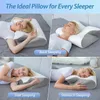 A collage of four images showing a woman sleeping on a pillow in different positions: back, side, and stomach sleeping. Text overlays indicate the sleeping positions. Produktbild-Vorschau