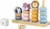 A wooden stacking toy with animal figures and colored rings on a wooden base. Produktbild-Vorschau