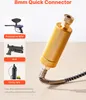 A close-up of a gold quick connector with a flexible hose attached, next to images of a paintball rifle, a PCP, and a diving tank. Produktbild-Vorschau