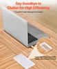 A laptop is shown connected to a small white box on a wooden floor, with an inset showing the inside of the box with cables. Voir les images du produit
