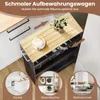 A narrow storage cart with a wooden top is shown in a kitchen-like setting, with inset images showing a kitchen, laundry room, and living room. Podgląd zdjęcia produktu