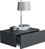 A modern bedside table with a drawer open, a lamp, a clock, and books on top, against a white background. Produktbild-Vorschau