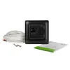 A black thermostat and a coiled white cable are displayed on a white background, along with two screws and a folded instruction manual. Anteprima dell’immagine prodotto