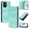 A collage of images showing a turquoise flip phone case from different angles, including one with a phone inside and another showing the card slots. Produktbild-Vorschau