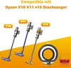 Three Dyson vacuum cleaners (V10, V11, V15) are displayed with labels indicating their model numbers. A circular accessory and a red accessory holder are also shown. Produktbild-Vorschau
