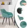 A collage of images showing a turquoise armchair with black metal legs, with close-ups of its fabric, construction, and ergonomic design. Produktbild-Vorschau