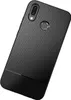 A black carbon fiber textured phone case with a matte black bottom section, shown at an angle against a white background. Produktbild-Vorschau