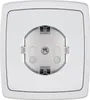 A close-up, front-facing view of a white electrical outlet cover with a child safety plug inserted. Náhľad obrázku produktu