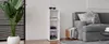 A modern living room scene featuring a white cube shelf unit with decorative items and a grey sofa with cushions. Produktbild-Vorschau