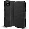 A black leather flip case for a smartphone is shown from a diagonal angle, with the front cover open. Produktbild-Vorschau