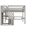 A gray wooden loft bed with stairs and storage shelves, shown from the side against a white background. Produktbild-Vorschau
