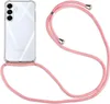 A clear, studio shot of a transparent phone case with a pink lanyard attached, placed on a white background. Produktbild-Vorschau