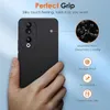 A hand holding a black smartphone case, with marketing text and icons describing its features. Produktbild-Vorschau