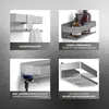 Collage of four images showing features of a shower organizer. Produktbild-Vorschau