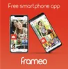 Two smartphones displaying a photo app interface, with the brand logo and app name below, set against a red background. Produktbild-Vorschau