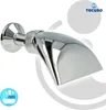 A chrome-plated shower head with a distinctive curved shape, mounted on a white background with subtle grey circular overlays. A small circular logo with a shower icon and text is in the bottom left corner, and the brand name 'TECURL' is in the top right. Produktbild-Vorschau