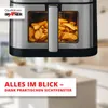 Close-up of a stainless steel air fryer with fries inside, set against a blurred kitchen background. Text overlays highlight product features. Produktbild-Vorschau