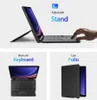 Collage showing a tablet with a keyboard case, a separate view of the keyboard, and a view of the case. Produktbild-Vorschau