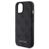 A black iPhone case with a repeating Guess logo pattern and a gold Guess logo at the bottom, shown from a side angle against a white background. Náhled obrázku produktu