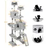 A large, multi-level cat tree with various platforms, perches, and enclosed spaces, shown with dimensions and weight capacities indicated by text and diagrams. Podgląd zdjęcia produktu