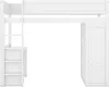 A white loft bed with a desk and storage unit, shown from the side. Voir les images du produit