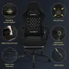 A black gaming chair with various features highlighted by circular insets and text labels. Produktbild-Vorschau