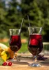 Two glasses of red drink with ice and straws on a wooden table with fruit and herbs in the background. Podgląd zdjęcia produktu