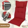 A collage showing a red chair cushion with close-up details of its attachment mechanism and a German quality mark. Produktbild-Vorschau