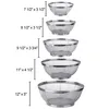 A set of five stainless steel colanders of varying sizes, with dimensions labeled for each. Produktbild-Vorschau